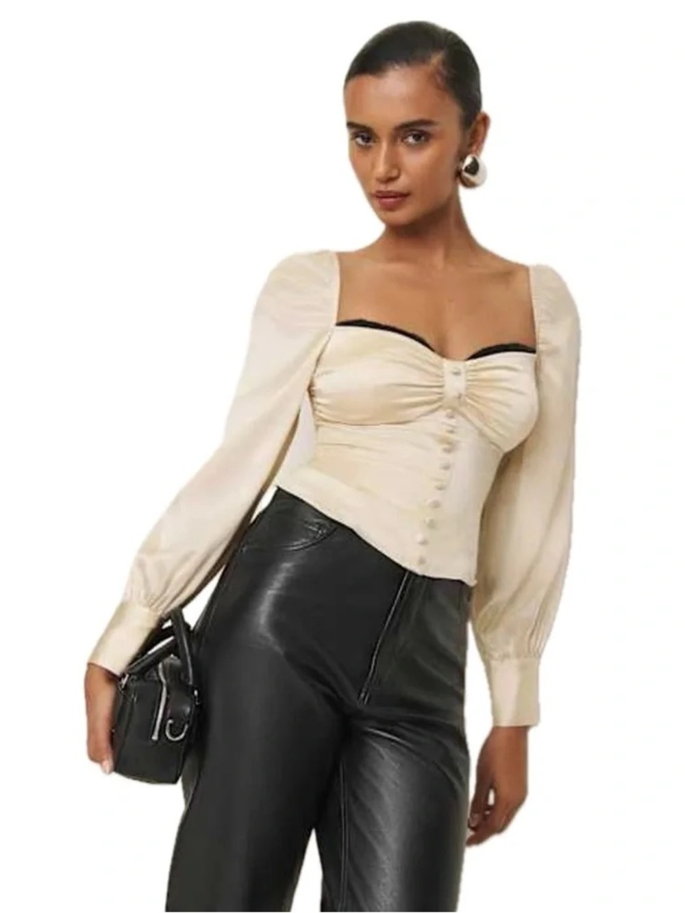 Reformation Cream Sweetheart Corset Blouse with Black Trim